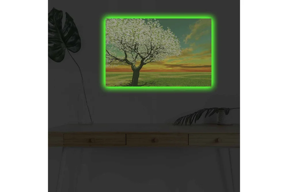 Lerretsbilde med LED-belysning - Blomstrende trær ved solnedgang v:6666017