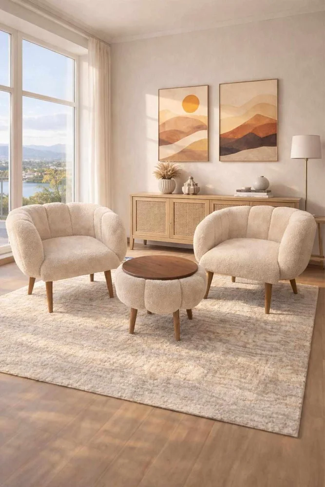 Ørelappstol- og salongbordsett (3 deler) Atelier Del Sofa Lotus Wellsoft (75 x 100 x 42 cm) Beige v:3747946