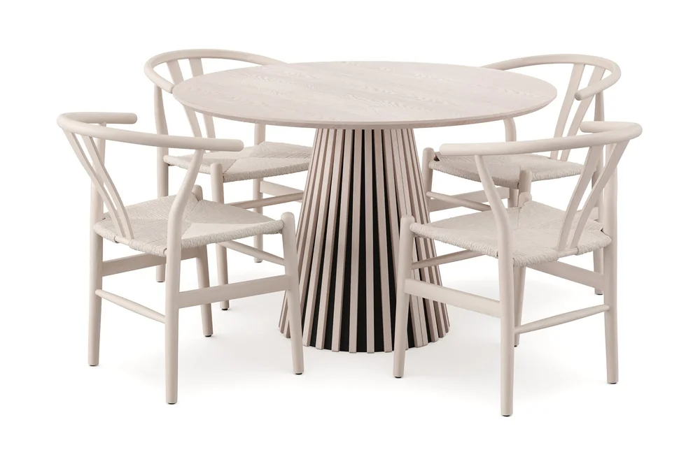 Peyra rund spisegruppe 110 cm hvitlasert med 4 Dastoori spisestoler v:5664119
