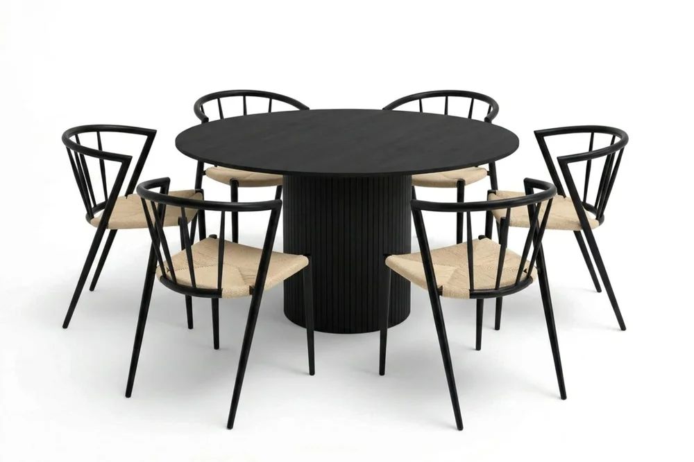 Kopparbo rund spisegruppe 130 cm svart med 6 Winston-spisestoler v:2266625