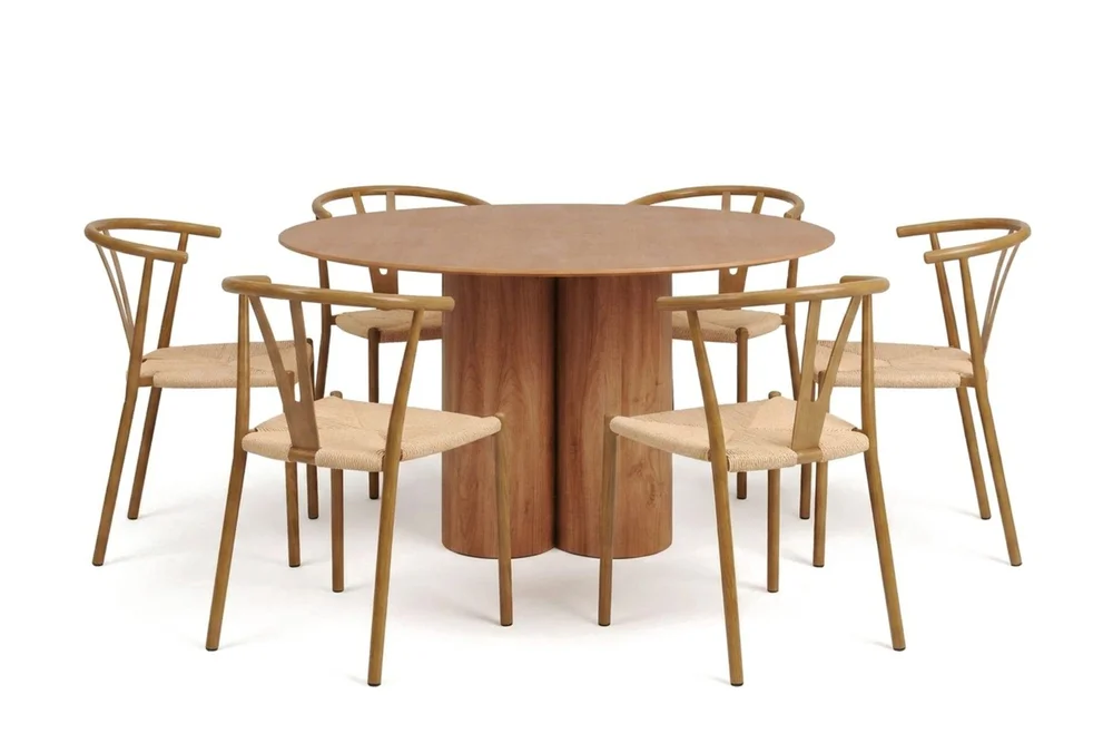 Juno spisegruppe rund 130 cm eik med 6 Elysia spisestoler v:3765970