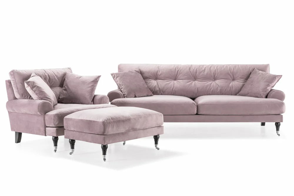 Andrew Sofagruppe 3-seter Sofa + Lenestol + Fotskammel i Fløyel v:3612370 Andrew Sofagruppe 3-seter Sofa + Lenestol + Fotskammel i Fløyel v:3612370
