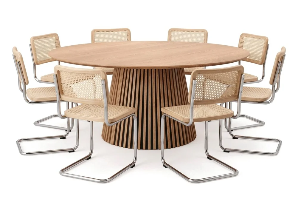 Peyra rund spisegruppe 180 cm eik med 8 Build spisestoler v:6479604