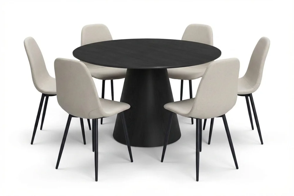 Siena spisegruppe rund 130 cm svart med 6 Nibe spisestoler v:1853599