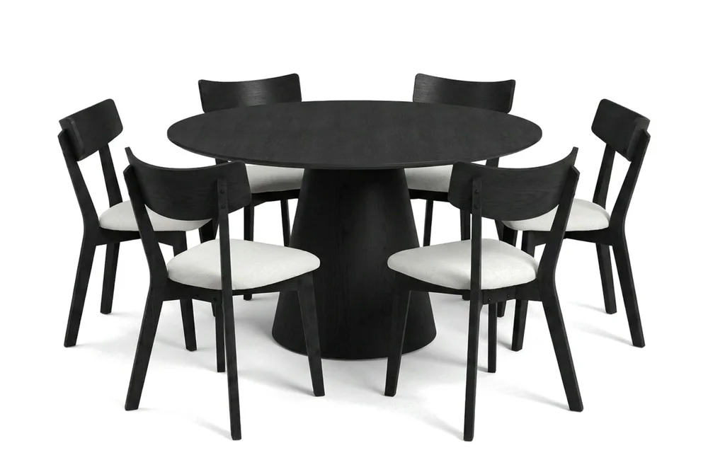 Siena spisegruppe 130 cm rund i svart med 6 Amelia spisestoler med pute v:8844357