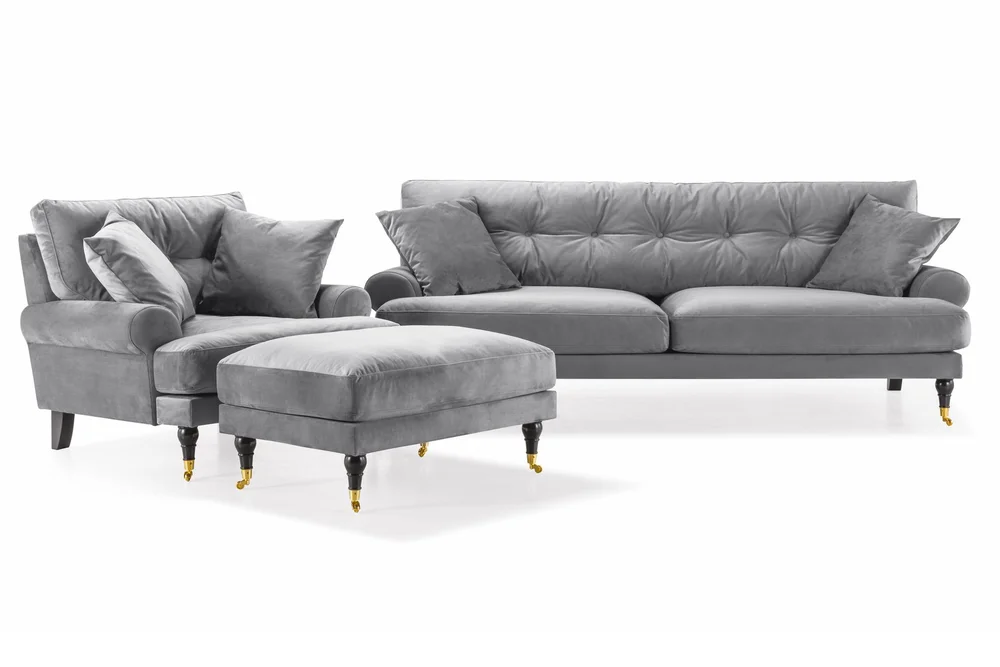 Andrew Sofagruppe 3-seter Sofa + Lenestol + Fotskammel i Fløyel v:6442581 Andrew Sofagruppe 3-seter Sofa + Lenestol + Fotskammel i Fløyel v:6442581